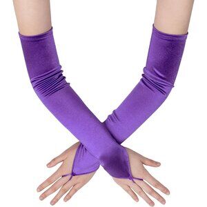 Women's Stretchy Purple Finger Loop Long Satin Fabric Gloves Opera Party Prom